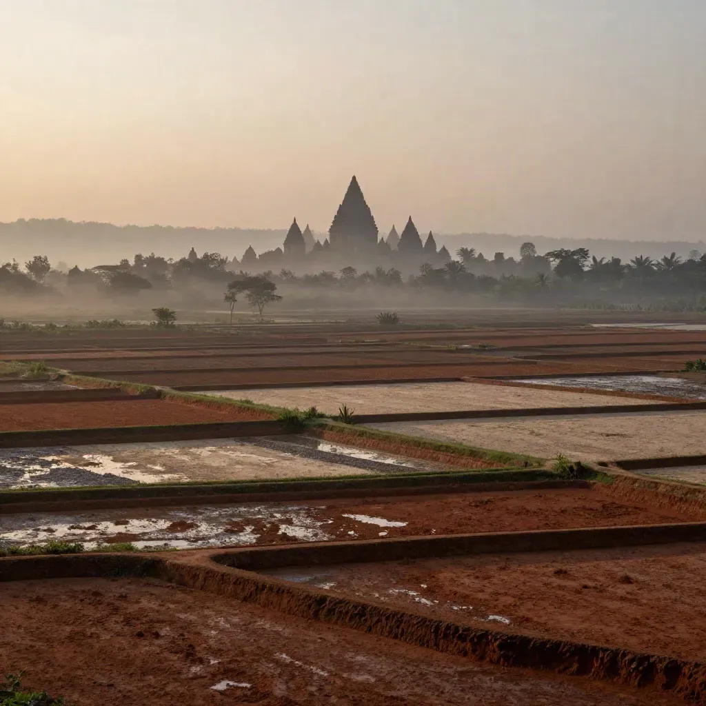 Kabut pagi di dataran Yogyakarta dengan siluet Prambanan di kejauhan