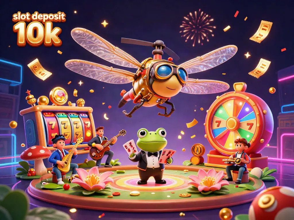 Slot deposit 10k ditampilkan dalam ilustrasi 3D dengan kasino petak dan karakter ramah, menciptakan suasana meriah.
