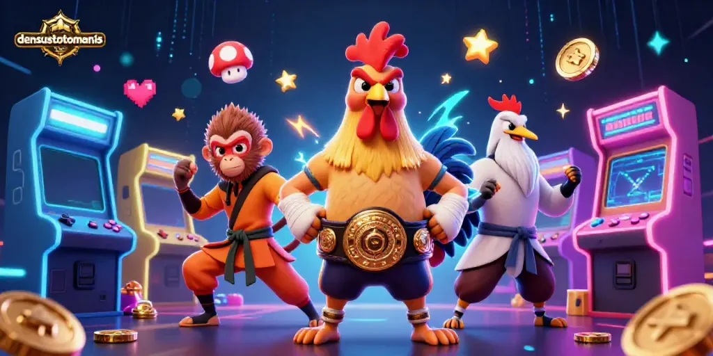 Experience exciting gameplay with densustotomanis featuring cartoon characters and vibrant casino elements.