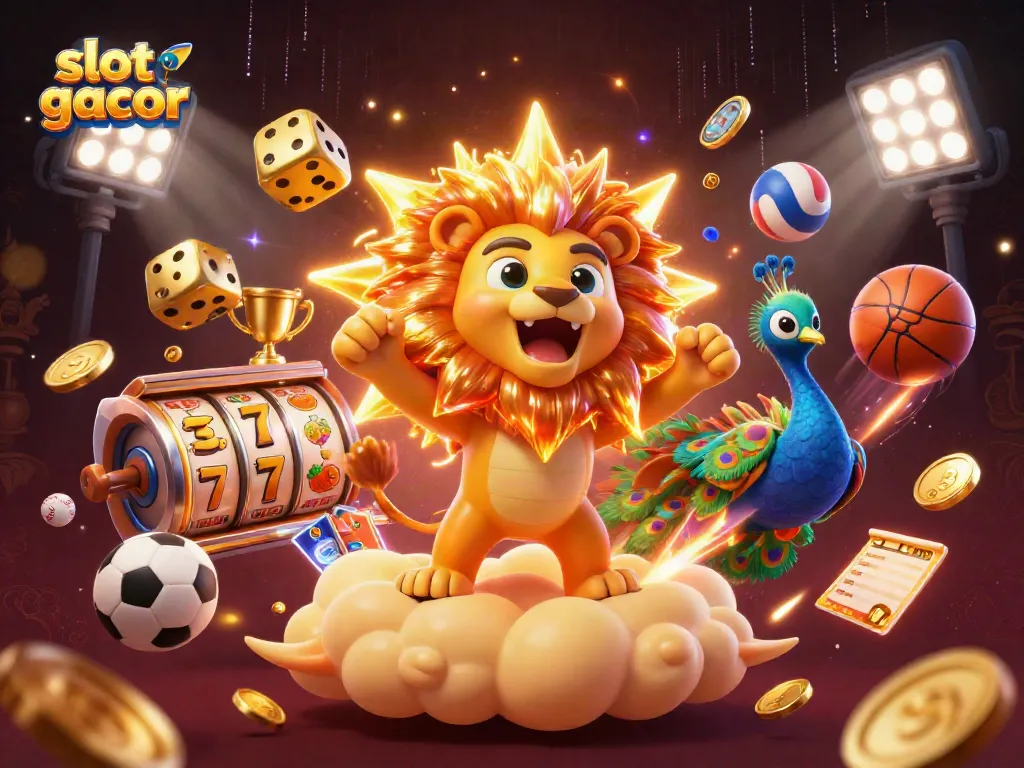 Proyeksi slot gacor dalam ilustrasi 3D, dengan berbagai elemen perjudian meriah dan penuh energi.