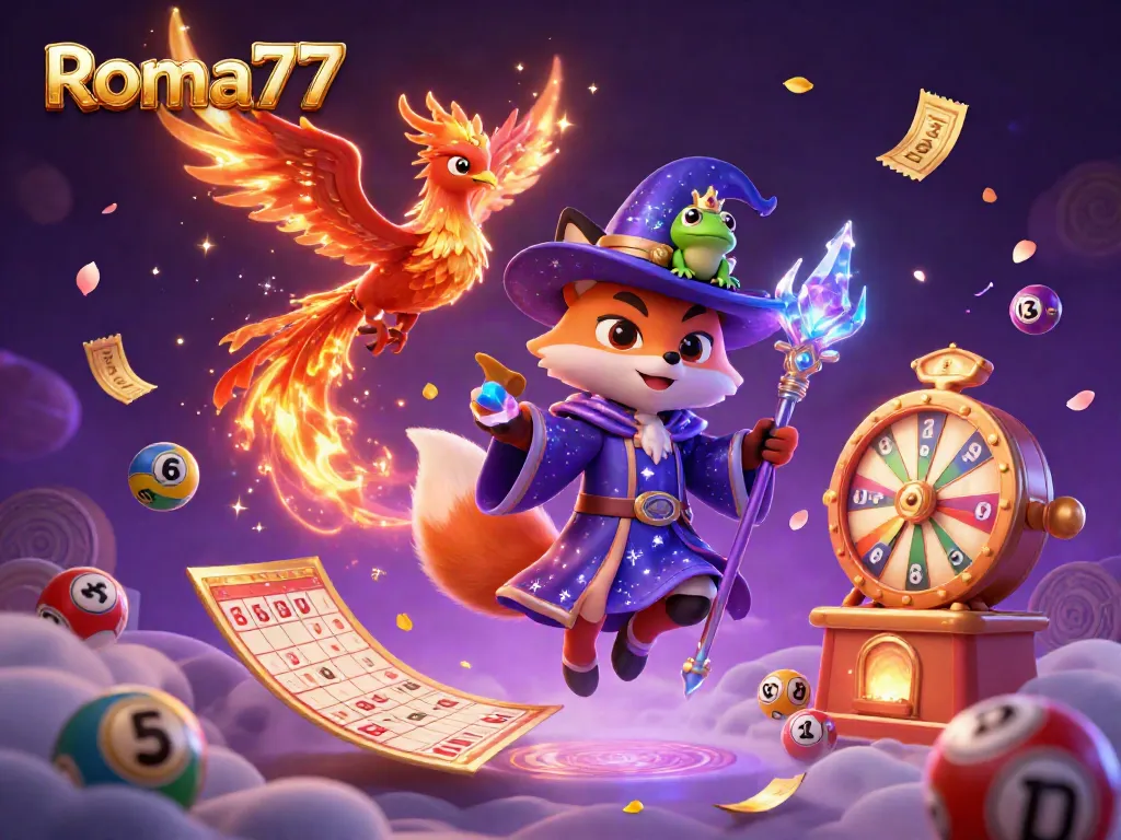 Engaging illustration of Roma77 showcasing a wizard fox, phoenix, and vibrant casino elements.