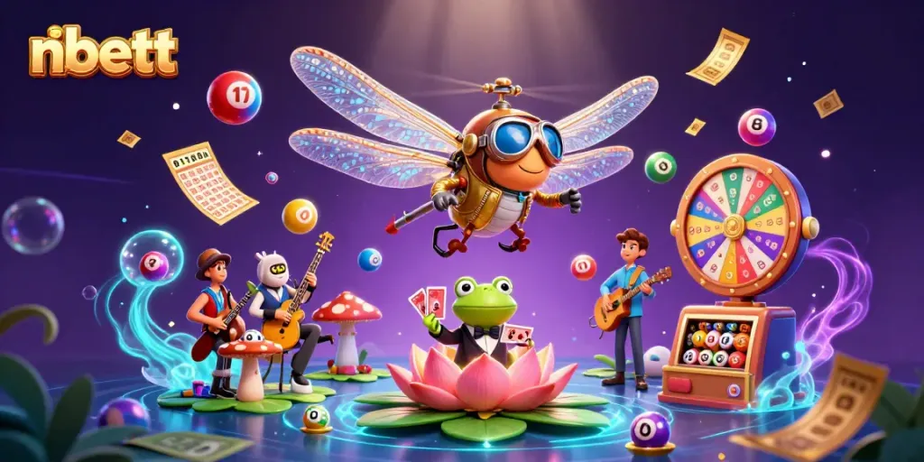 Engage with the vibrant nbett casino scene featuring a dragonfly pilot and a frog croupier in action.