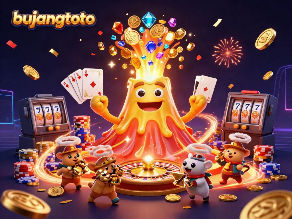 Bujangtoto erupts with golden coins as cartoon explorer animals flee with treasures amidst a vibrant casino setting.
