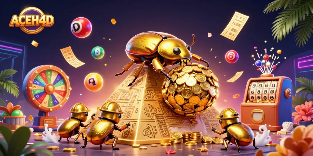 Engage with ACEH4D's vibrant gaming world as golden beetles roll coins amidst lottery excitement.