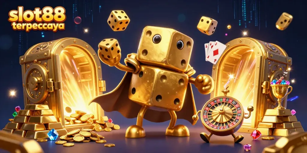 Engage in thrilling slots with slot88 terpercaya, showcasing a whimsical golden dice character and casino elements.