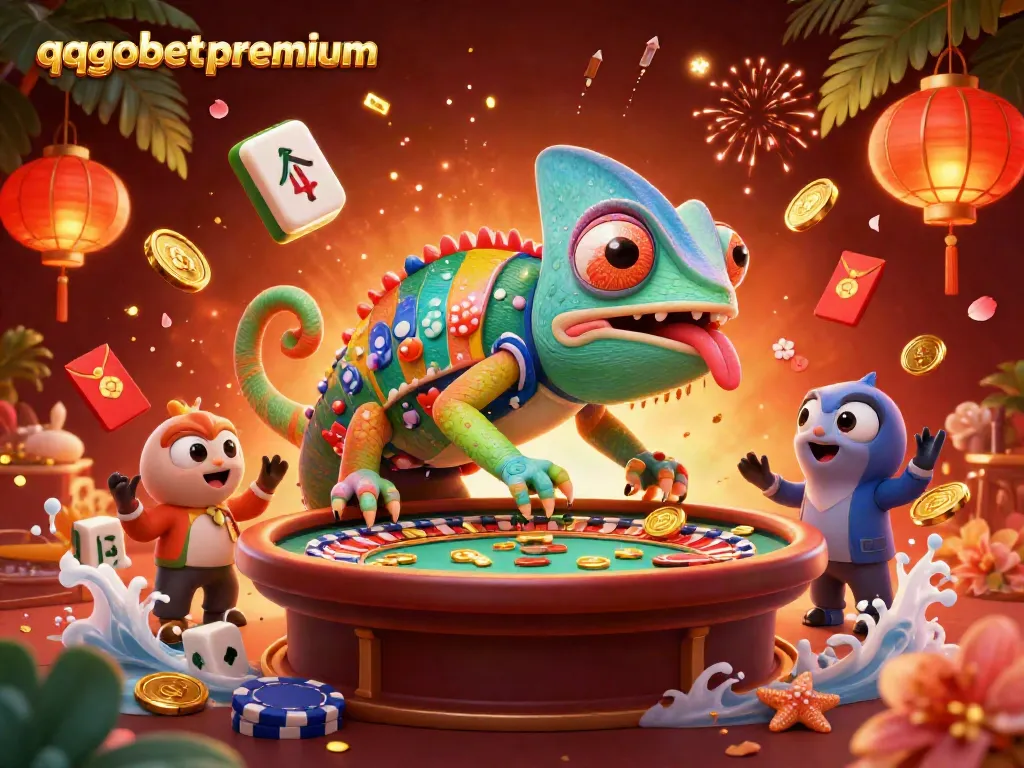 Experience the thrill of qqgobetpremium with vibrant casino elements and a lively character.