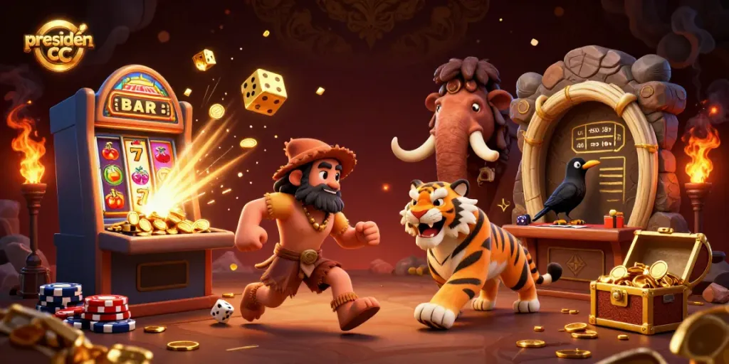 Experience thrilling gameplay at presiden cc with dynamic casino illustrations featuring playful characters and vibrant elements.