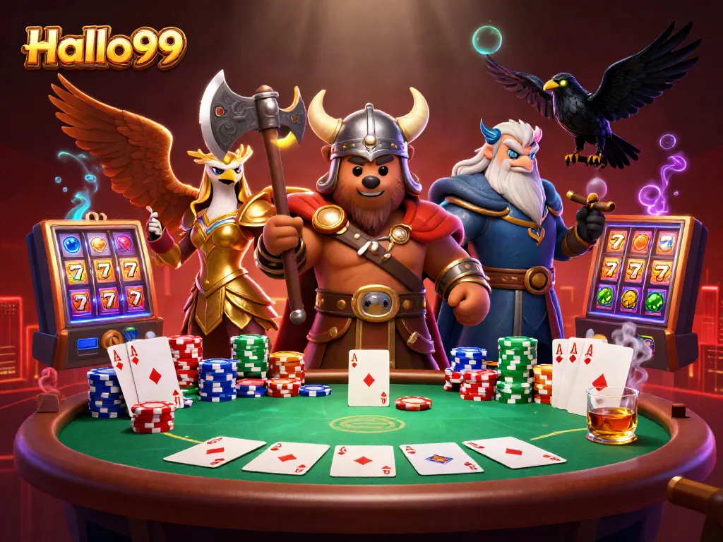 Experience excitement at Halo99 with a vibrant scene of dynamic poker action and dazzling slot reels.