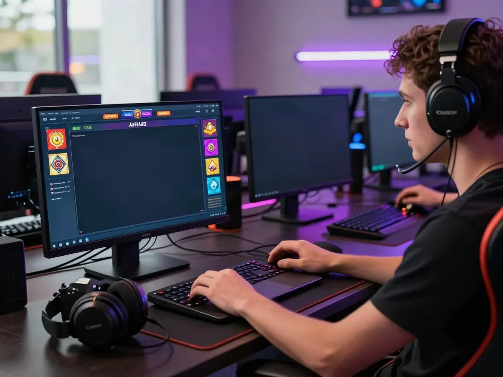 Pengguna terlibat dengan platform AHHA4D di laptop, menciptakan atmosfer gaming yang energik.