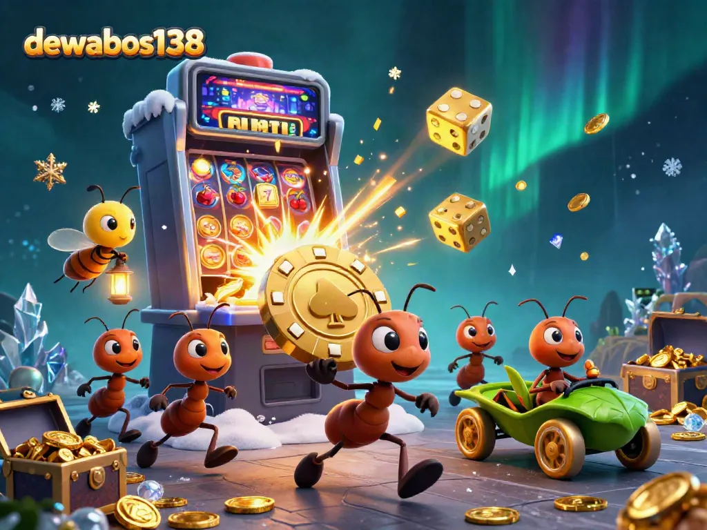 Menggunakan dewabos138, tim 3D kartun semut menjalankan pencurian sebuah chip poker emas yang sangat besar dalam ilustrasi kasino yang berwarna-warni dan dinamis.
