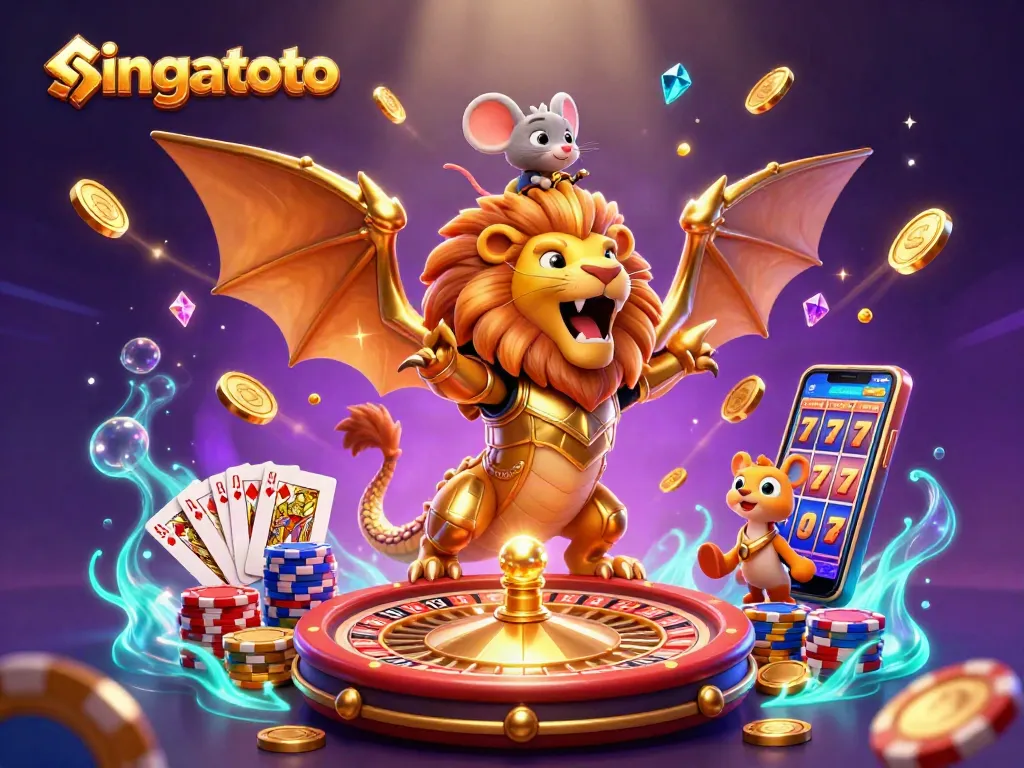 Experience the excitement of singatoto with a dynamic scene featuring a golden chimera surrounded by casino elements.