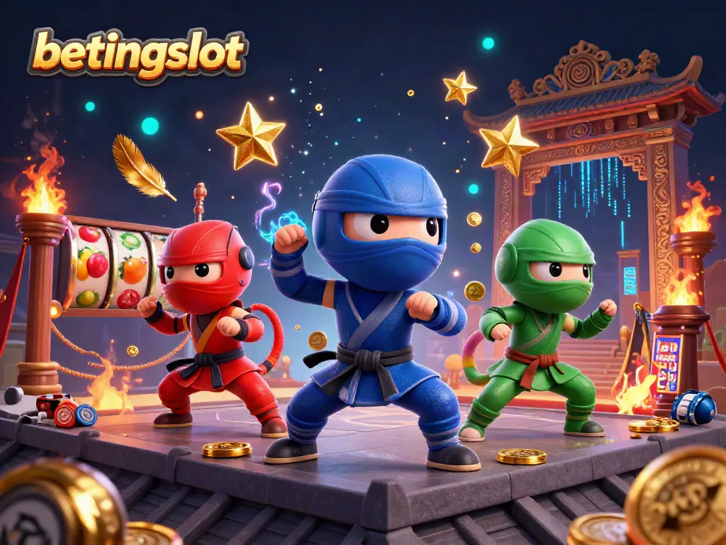 Ilustrasi 3D bertema kasino menunjukkan tim ninja chamelion yang menawan di atas atap dengan simbol slot betingslot.