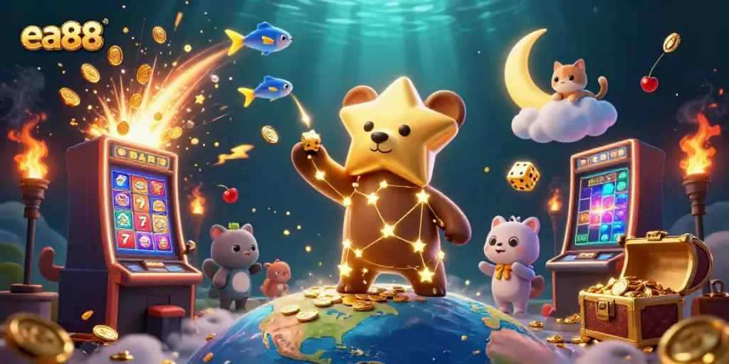 ea88 captures excitement with a constellation bear, jackpot slot machine, and vibrant casino game elements