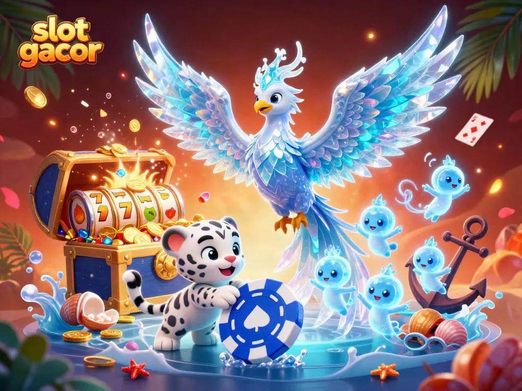 Experience the thrill of slot gacor with an ice phoenix and vibrant casino elements in this stunning 3D scene.