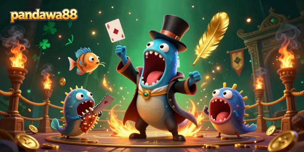 Gulper eel pandawa88 melakukan trik sulap dengan kartu di arena perjudian yang megah.