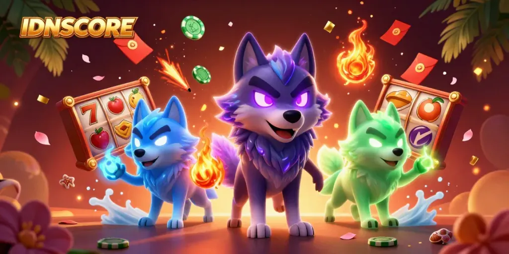IDNSCORE presents an exciting casino scene with shadow wolves leading spinning slot reels and festive elements.