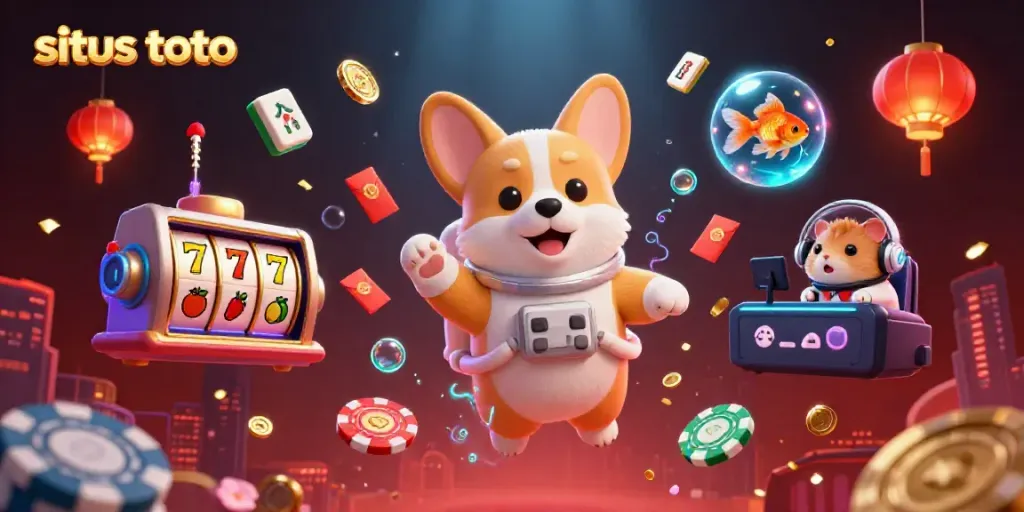 Gambarkan situs toto dengan corgi astronot berfloating di kasino luar angkasa, simbol slot dan koin mengelilinginya.