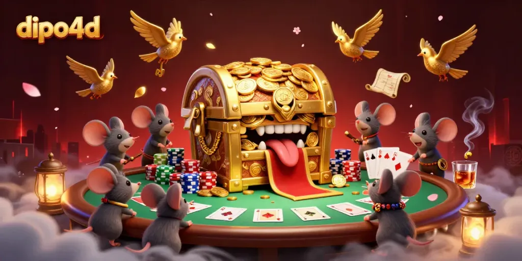 Engaging dipo4d-themed scene with a treasure chest and poker elements, enticing players to win.