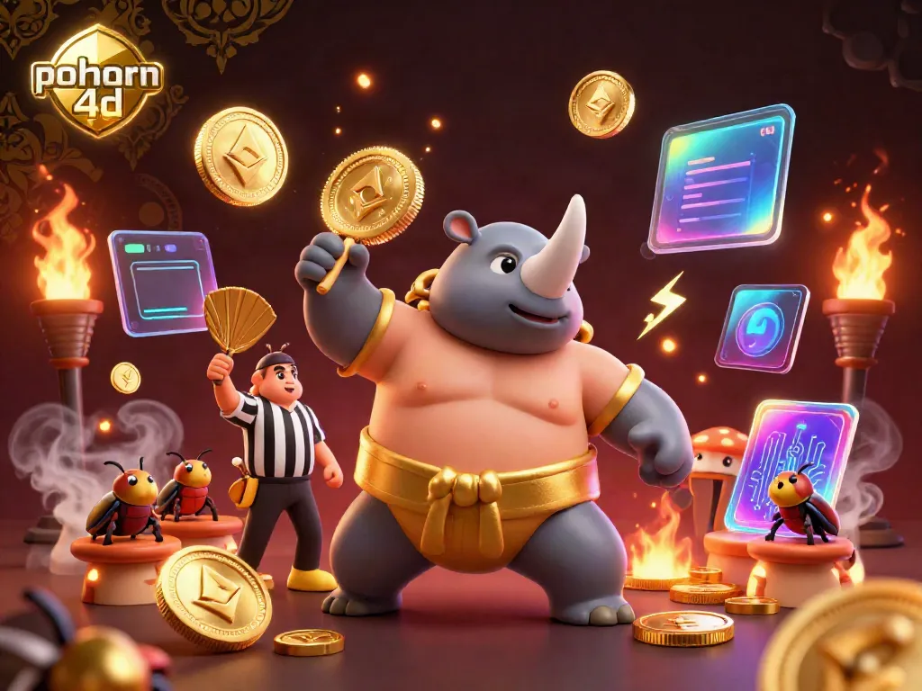 Engage in vibrant gaming action with pohon 4d illustrated by a powerful sumo beetle champion and crypto coins.