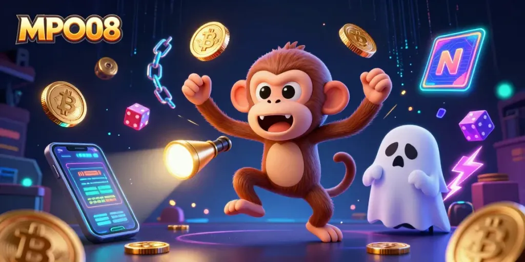 Engage in thrilling gambling adventures with MPO08 in this vibrant casino scene featuring a playful poltergeist monkey.