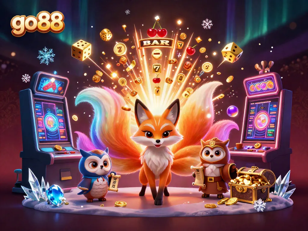 Experience the excitement of go 88 with a colorful jackpot celebration featuring a nine-tailed fox, owl sage, and vibrant slot machine.