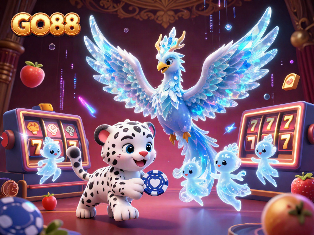 Play exciting slots at GO88, featuring a captivating ice phoenix and vibrant casino elements.