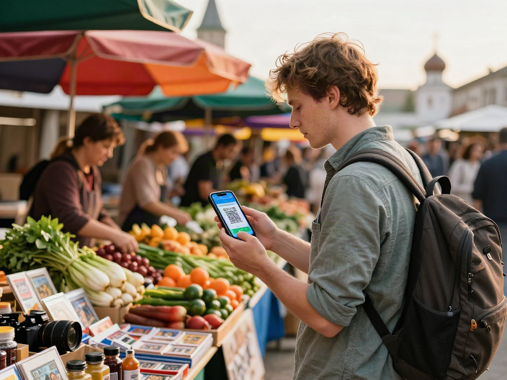 Menggunakan aplikasi pembayaran digital di pasar Rusia dengan https://payinrussia.com/ memperlihatkan suasana ramai dengan penjual lokal.