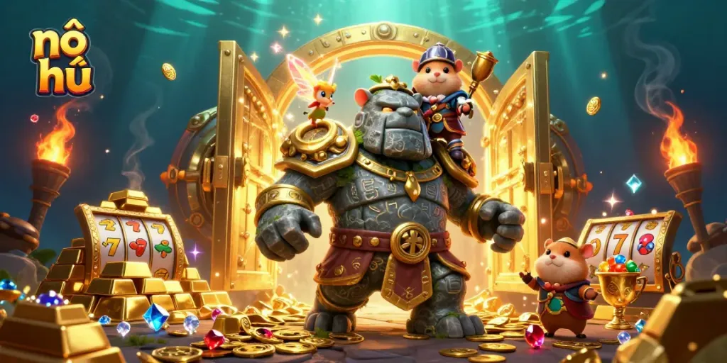 Nổ hũ theme slots illustration with a golem guardian, fairy, and hamster knight among treasure.