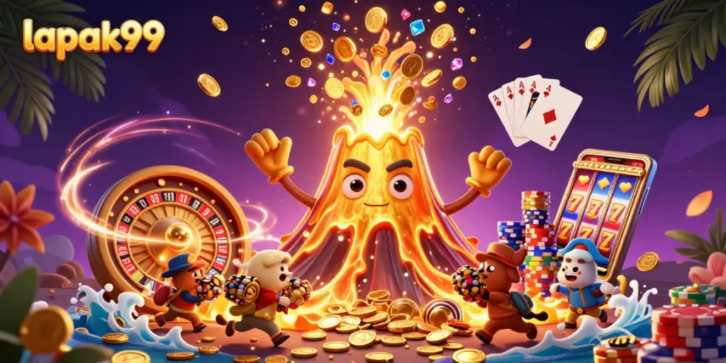 Analyze lapak99's online casino thrills through this vibrant, captivating 3D illustration.