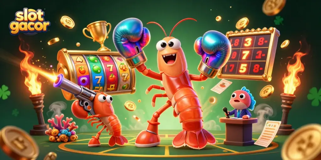 Permainan slot gacor dengan karakter udang mantis yang berani dan simbol keberuntungan yang memikat.