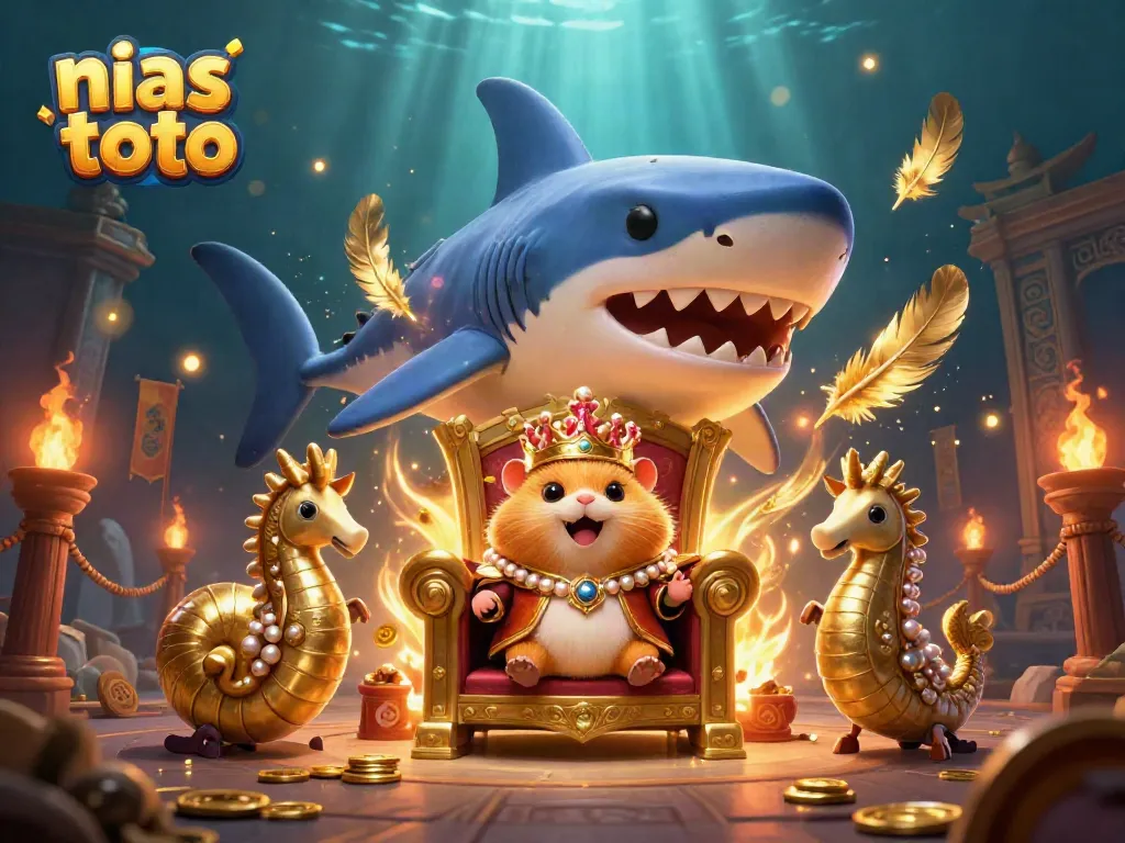 Visualisasi dinamis dengan tema nias toto yang menampilkan raja hamster emas yang berani dan penjaga kuda laut berjaga di arena.