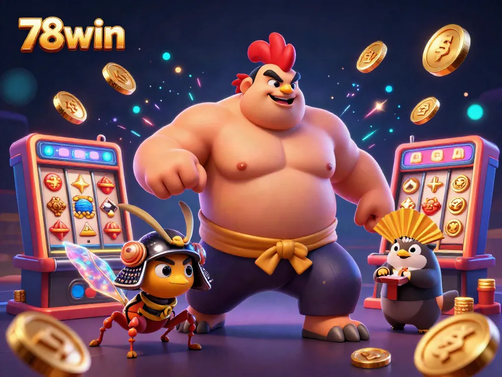 Experience thrilling wins with 78win's vibrant 3D casino scene featuring dynamic characters and lively elements.