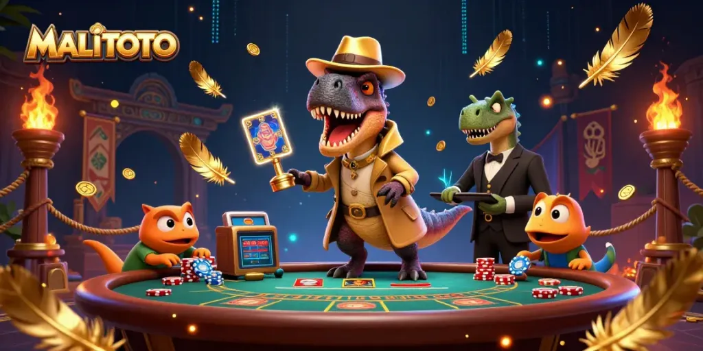 MALITOTO velociraptor card counter blends into the casino hustle, sketching a winning strategy amid colorful gambling icons.