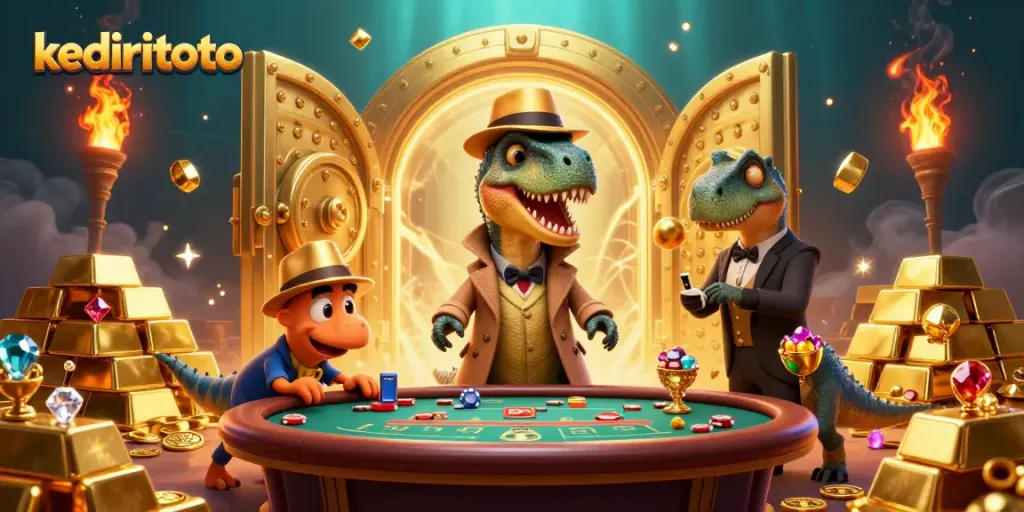 Bet on your luck at kediritoto with a 3D cartoon velociraptor at a blackjack table amid dazzling treasures.