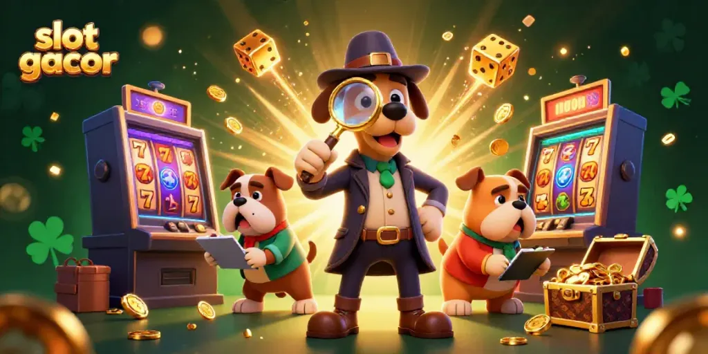 Deskripsi slot gacor yang menampilkan detektif 3D dan mesin slot di tengah perayaan jackpot.
